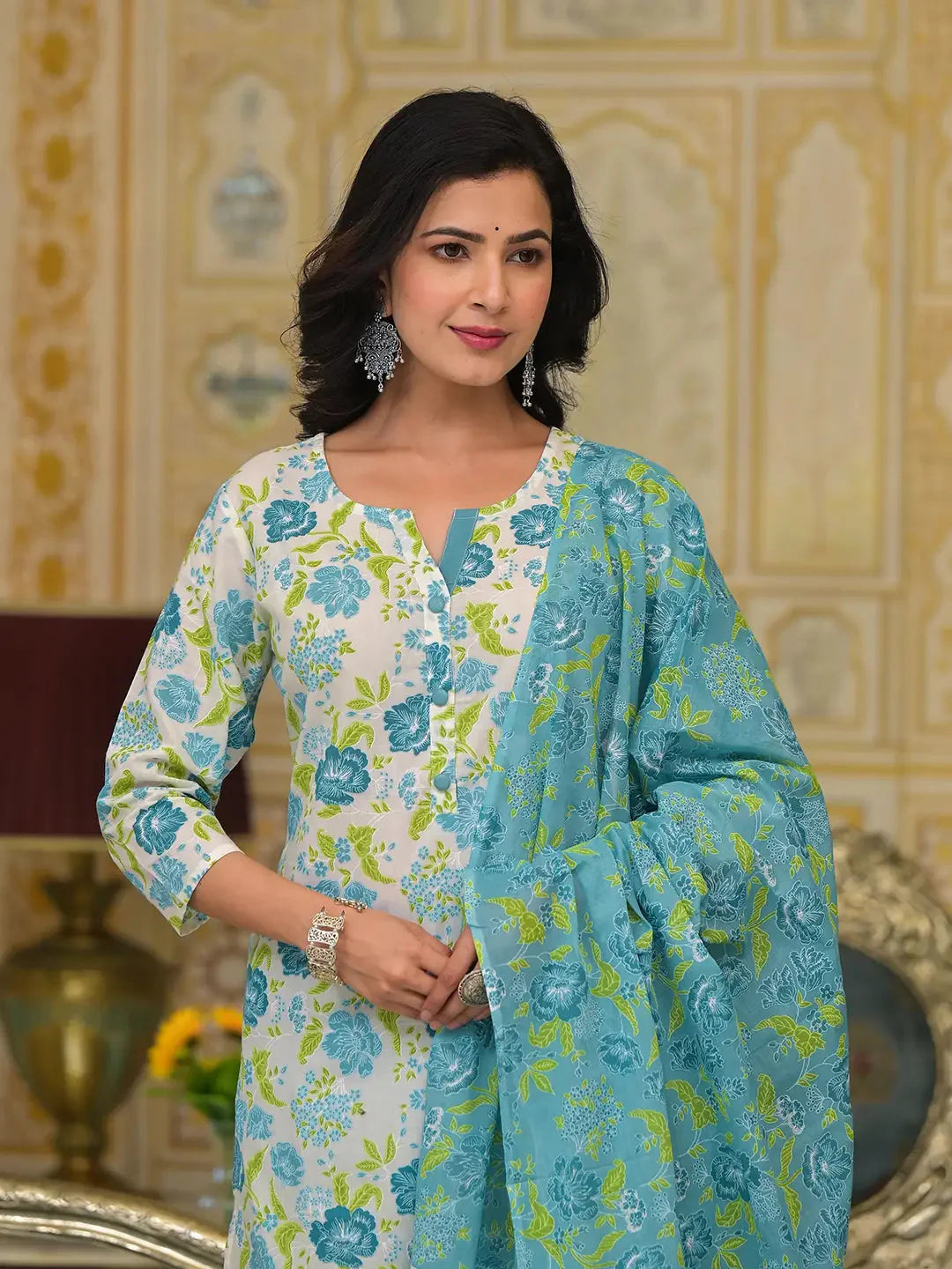 Yufta Teal Green Floral Print Straight Button Show On Yoke Kurta Trouser And Dupatta Set