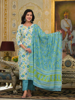 Thumbnail for Yufta Teal Green Floral Print Straight Button Show On Yoke Kurta Trouser And Dupatta Set