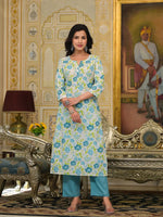 Thumbnail for Yufta Teal Green Floral Print Straight Button Show On Yoke Kurta Trouser And Dupatta Set