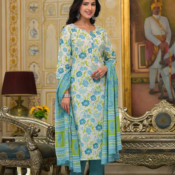 Yufta Teal Green Floral Print Straight Button Show On Yoke Kurta Trouser And Dupatta Set - Distacart