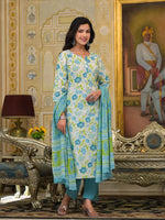Thumbnail for Yufta Teal Green Floral Print Straight Button Show On Yoke Kurta Trouser And Dupatta Set