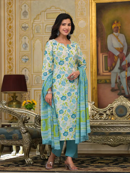 Yufta Teal Green Floral Print Straight Button Show On Yoke Kurta Trouser And Dupatta Set