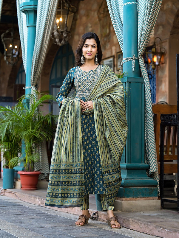 Yufta Teal Green Floral Sequins_Work Kurta Trouser With Dupatta Set - Distacart