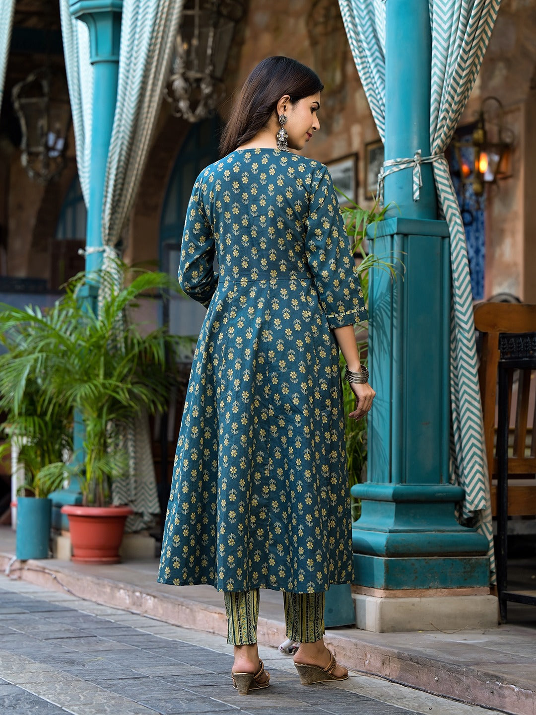 Yufta Teal Green Floral Sequins_Work Kurta Trouser With Dupatta Set - Distacart