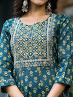 Thumbnail for Yufta Teal Green Floral Sequins_Work Kurta Trouser With Dupatta Set - Distacart