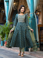 Thumbnail for Yufta Teal Green Floral Sequins_Work Kurta Trouser With Dupatta Set - Distacart