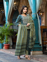 Thumbnail for Yufta Teal Green Floral Sequins_Work Kurta Trouser With Dupatta Set - Distacart