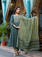 Thumbnail for Yufta Teal Green Floral Sequins_Work Kurta Trouser With Dupatta Set - Distacart