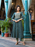 Thumbnail for Yufta Teal Green Floral Sequins_Work Kurta Trouser With Dupatta Set - Distacart