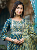 Thumbnail for Yufta Teal Green Floral Sequins_Work Kurta Trouser With Dupatta Set - Distacart