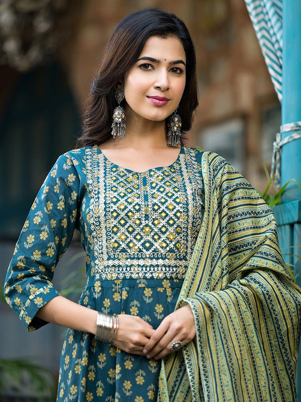 Yufta Teal Green Floral Sequins_Work Kurta Trouser With Dupatta Set - Distacart