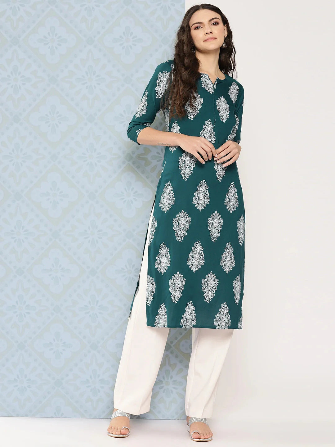 Yufta Teal Green Paisley Printed Kurta - Distacart