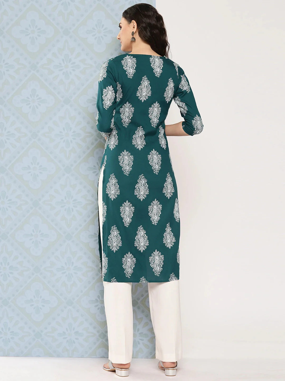 Yufta Teal Green Paisley Printed Kurta