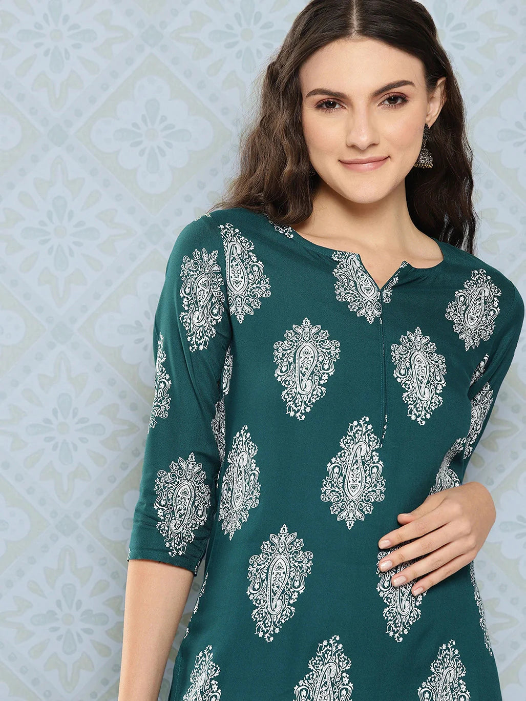 Yufta Teal Green Paisley Printed Kurta