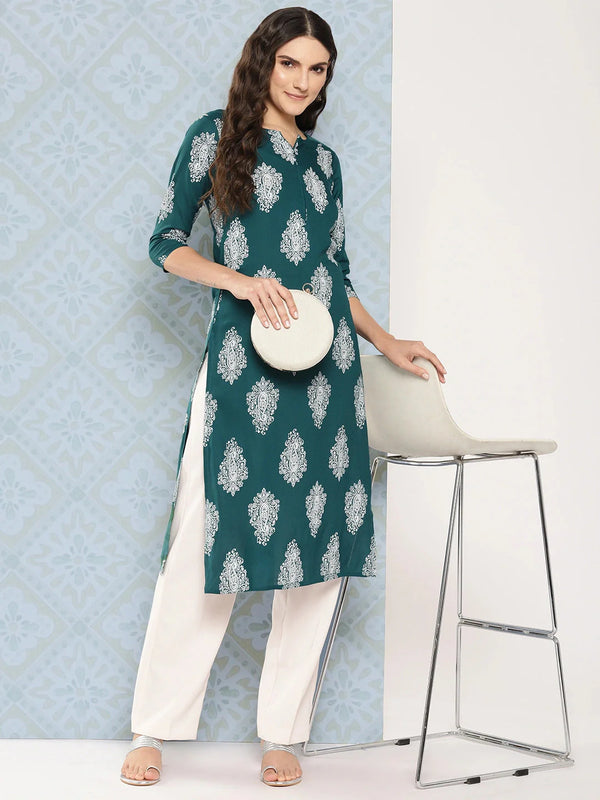 Yufta Teal Green Paisley Printed Kurta