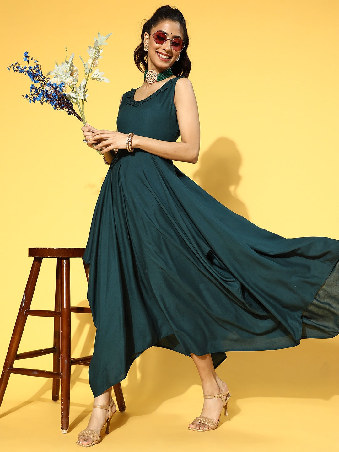 Yufta Teal Green Solid Maxi Dress - Distacart