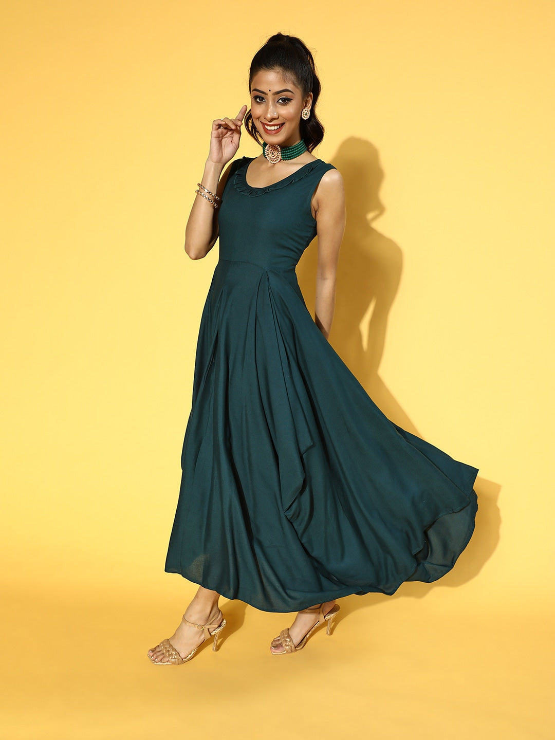 Yufta Teal Green Solid Maxi Dress - Distacart