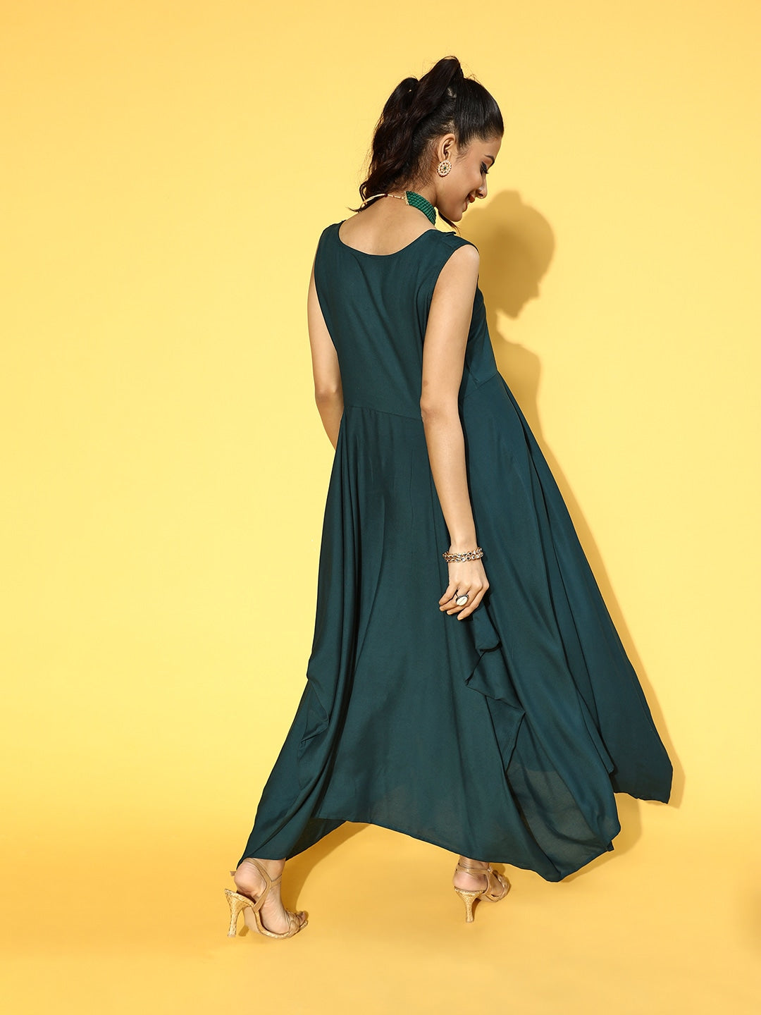 Yufta Teal Green Solid Maxi Dress - Distacart