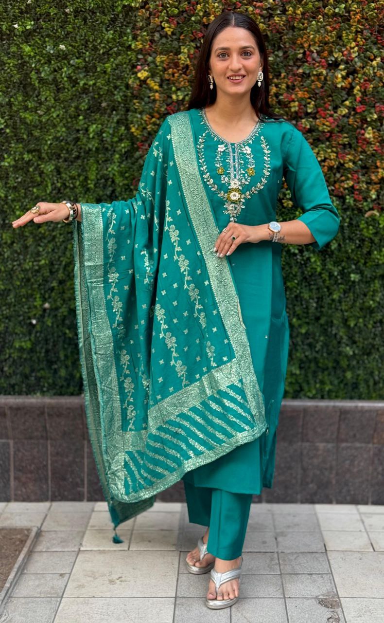 Lorenvalley Fashion Teal Roman Silk Hand Work Kurta Pant with Dupatta