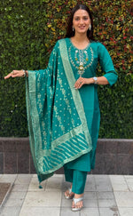Thumbnail for Lorenvalley Fashion Teal Roman Silk Hand Work Kurta Pant with Dupatta