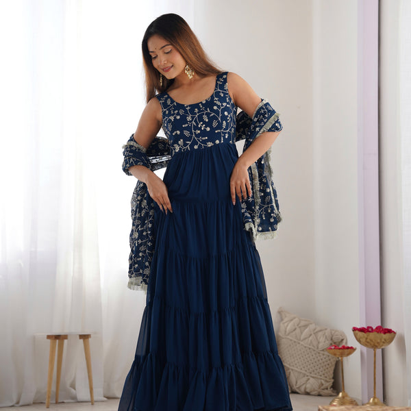 Lorenvalley Teal Faux Georgette Layer Gathering Anarkali Pant With Dupatta Set - Distacart