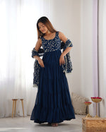 Thumbnail for Lorenvalley Teal Faux Georgette Layer Gathering Anarkali Pant With Dupatta Set - Distacart