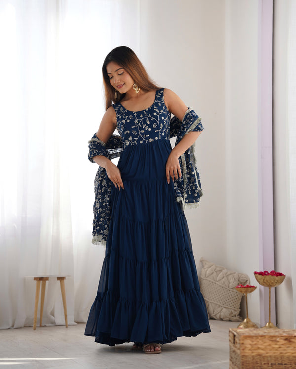 Lorenvalley Teal Faux Georgette Layer Gathering Anarkali Pant With Dupatta Set - Distacart
