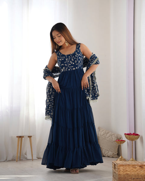 Lorenvalley Teal Faux Georgette Layer Gathering Anarkali Pant With Dupatta Set - Distacart