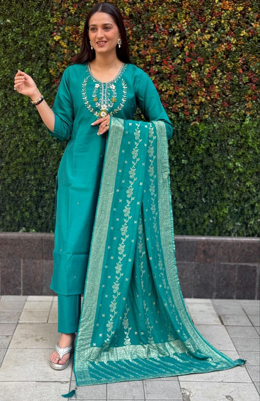 Lorenvalley Fashion Teal Roman Silk Hand Work Kurta Pant with Dupatta