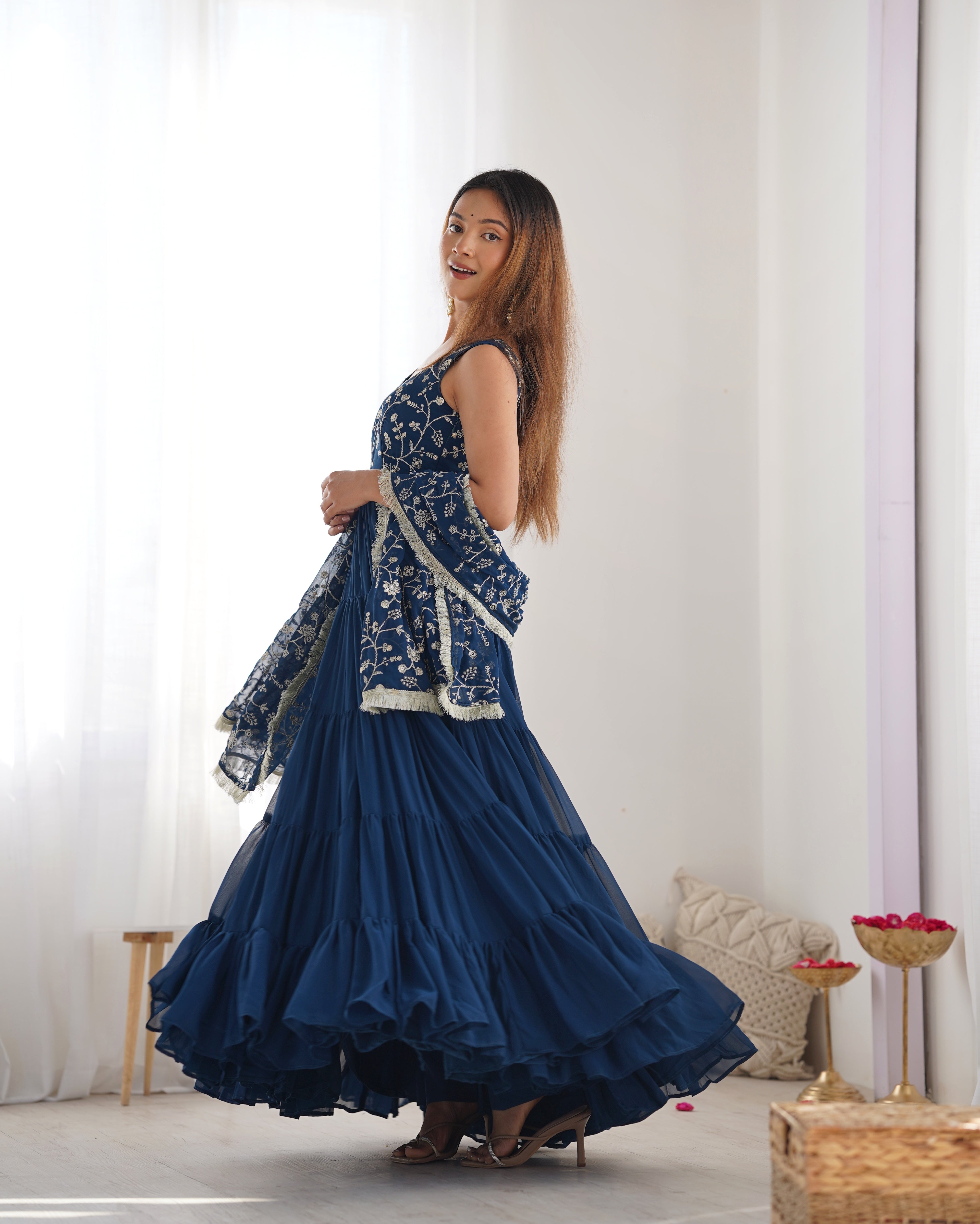 Lorenvalley Teal Faux Georgette Layer Gathering Anarkali Pant With Dupatta Set - Distacart