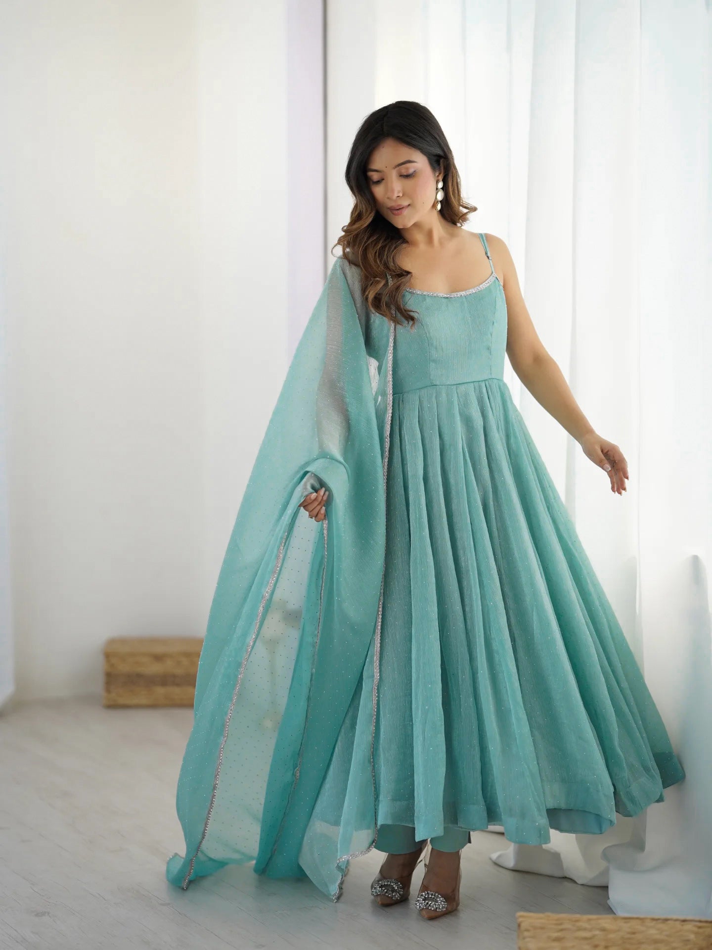 Lorenvalley Teal Crunchy Silk Fabric with Siroski Work Anarkali Pant With Dupatta Set