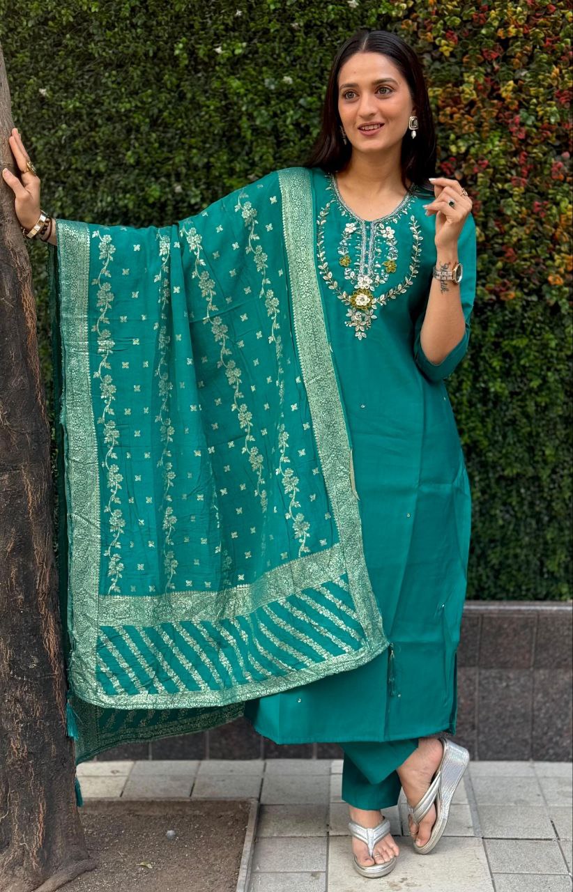 Lorenvalley Fashion Teal Roman Silk Hand Work Kurta Pant with Dupatta