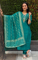 Thumbnail for Lorenvalley Fashion Teal Roman Silk Hand Work Kurta Pant with Dupatta