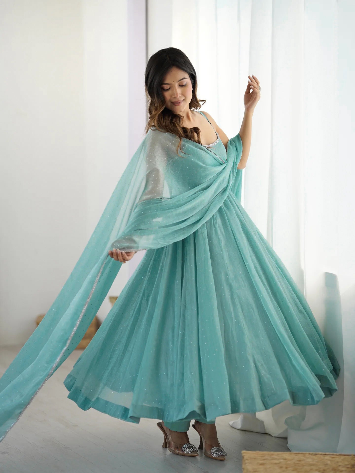 Lorenvalley Teal Crunchy Silk Fabric with Siroski Work Anarkali Pant With Dupatta Set