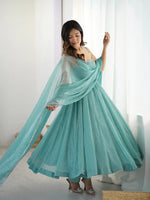 Thumbnail for Lorenvalley Teal Crunchy Silk Fabric with Siroski Work Anarkali Pant With Dupatta Set