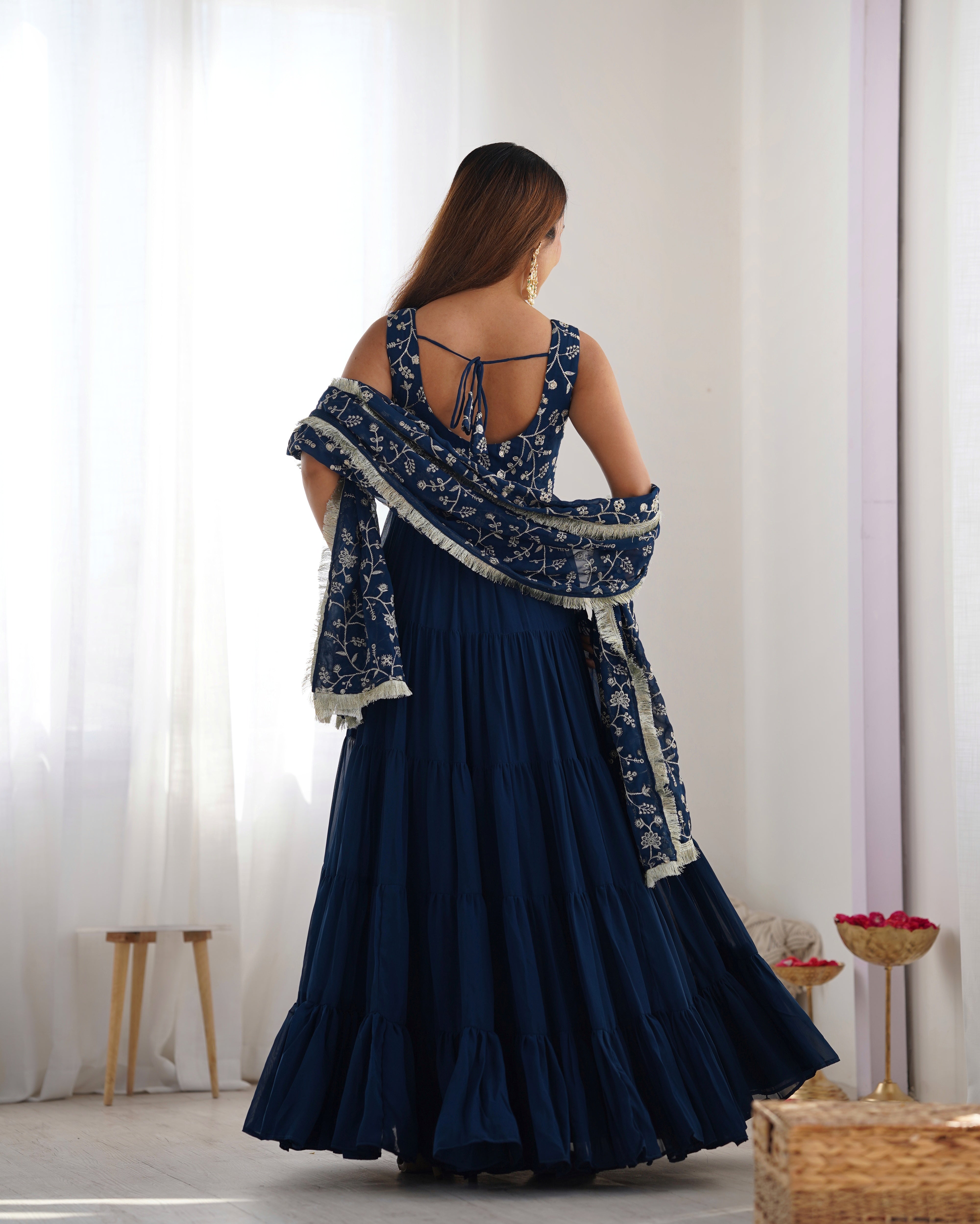 Lorenvalley Teal Faux Georgette Layer Gathering Anarkali Pant With Dupatta Set - Distacart