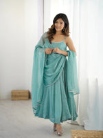 Thumbnail for Lorenvalley Teal Crunchy Silk Fabric with Siroski Work Anarkali Pant With Dupatta Set