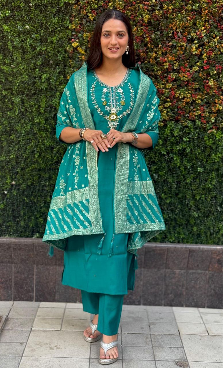 Lorenvalley Fashion Teal Roman Silk Hand Work Kurta Pant with Dupatta