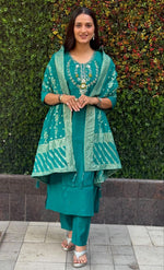 Thumbnail for Lorenvalley Fashion Teal Roman Silk Hand Work Kurta Pant with Dupatta