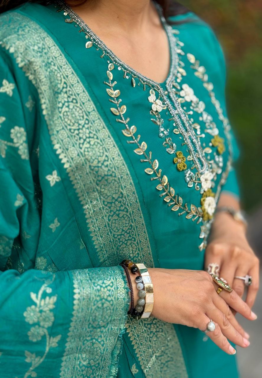 Lorenvalley Fashion Teal Roman Silk Hand Work Kurta Pant with Dupatta