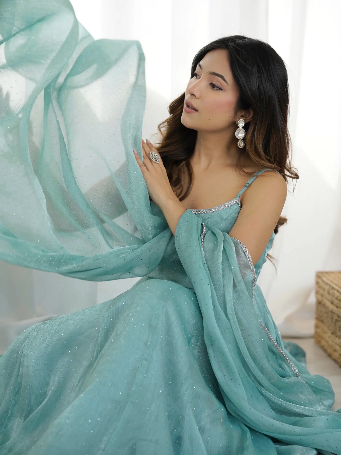 Lorenvalley Teal Crunchy Silk Fabric with Siroski Work Anarkali Pant With Dupatta Set