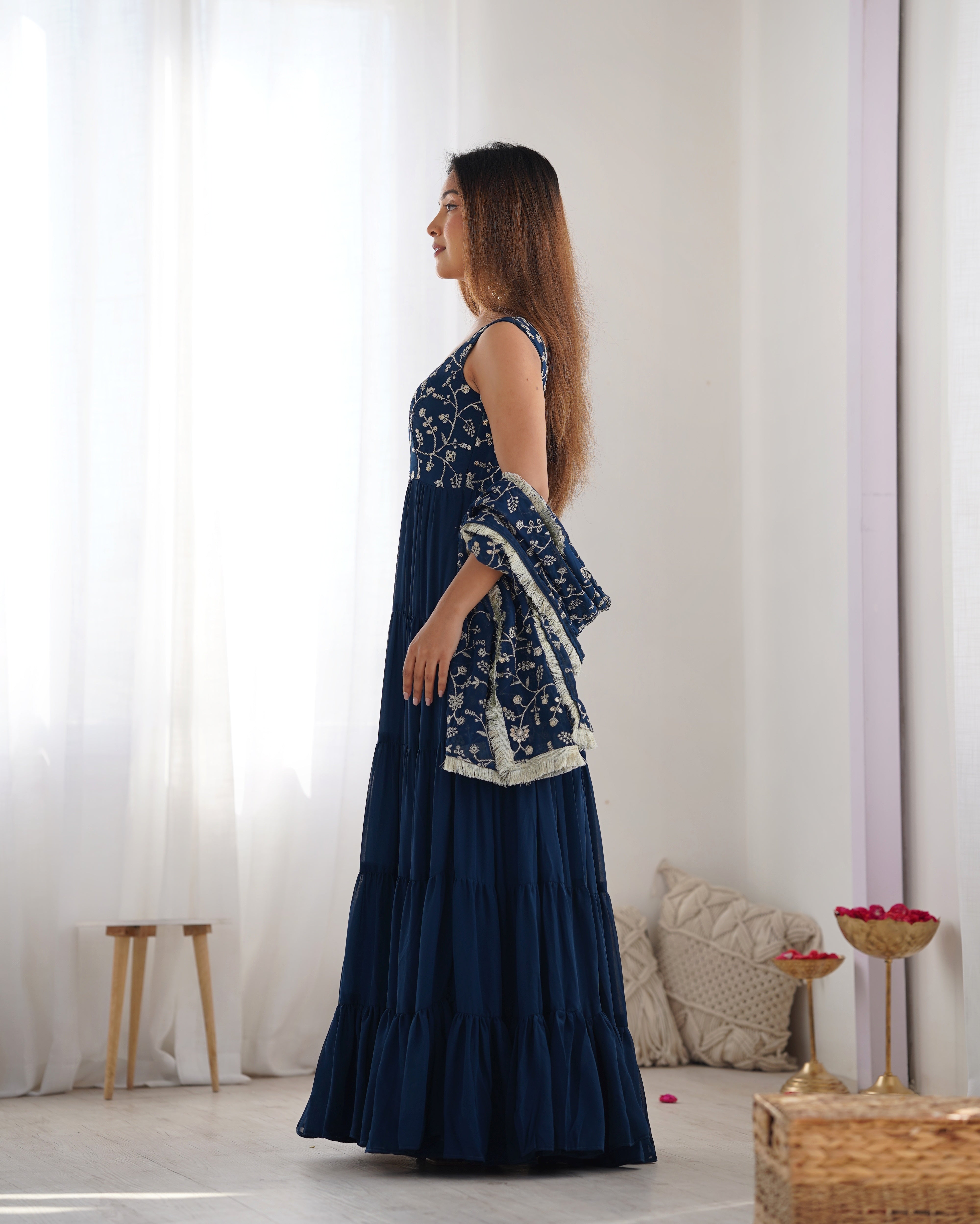 Lorenvalley Teal Faux Georgette Layer Gathering Anarkali Pant With Dupatta Set - Distacart