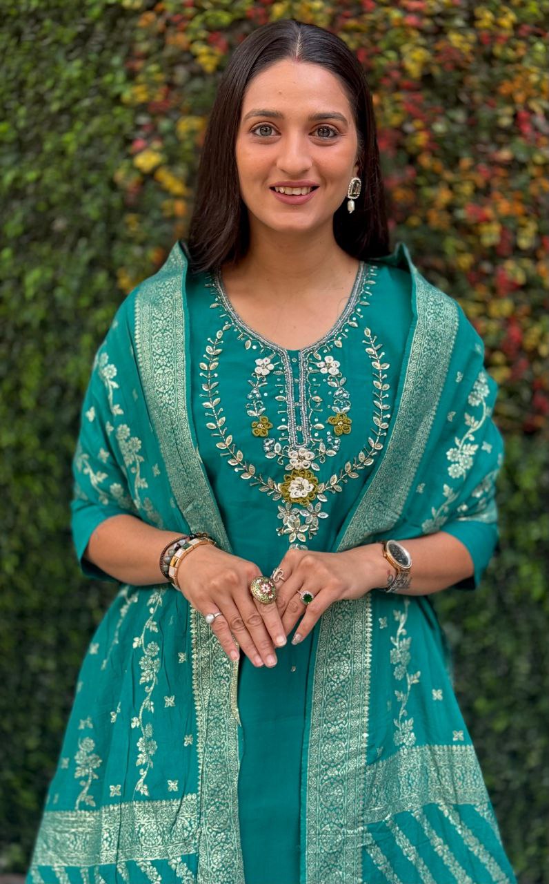 Lorenvalley Fashion Teal Roman Silk Hand Work Kurta Pant with Dupatta