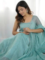 Thumbnail for Lorenvalley Teal Crunchy Silk Fabric with Siroski Work Anarkali Pant With Dupatta Set