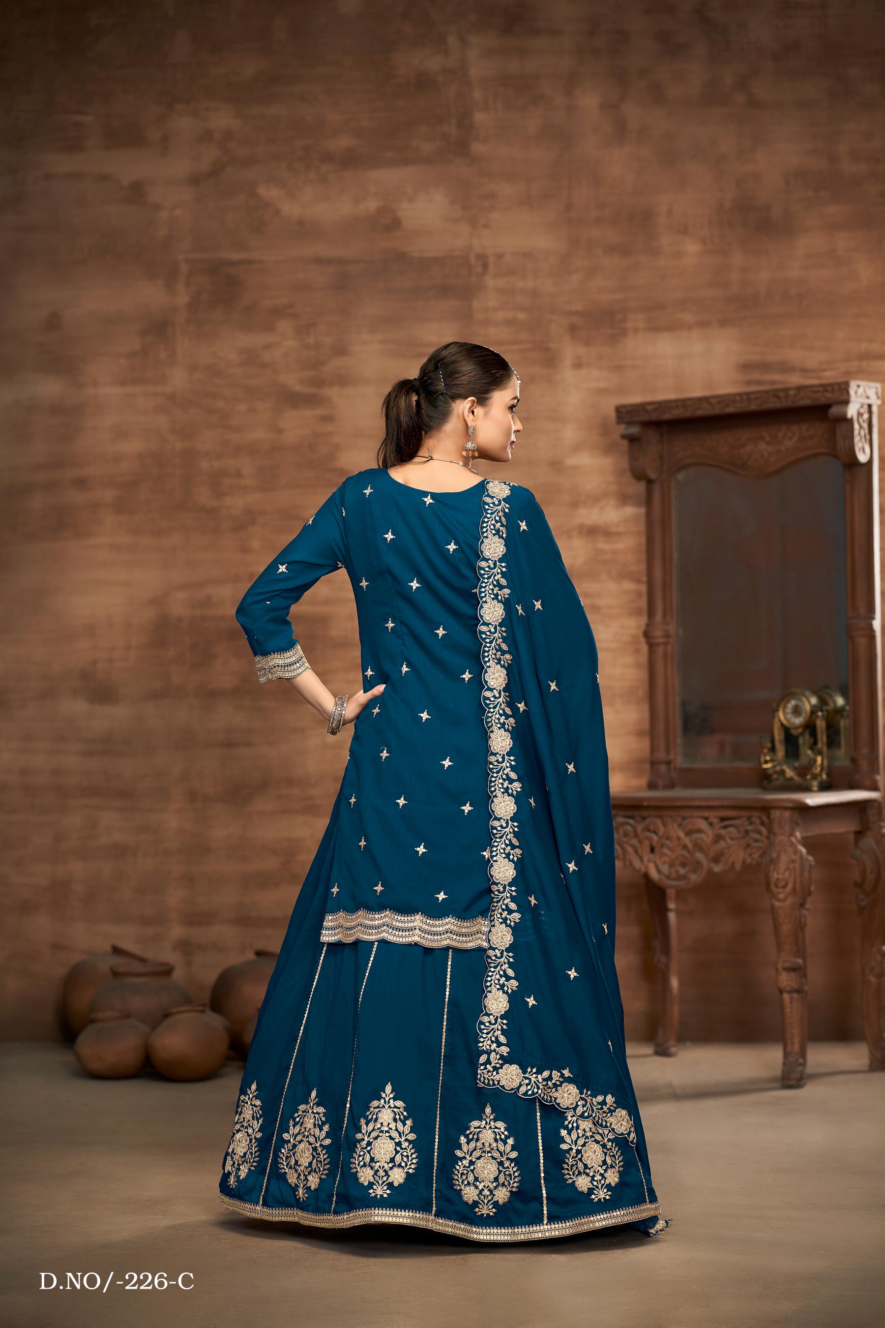 Anaita Teal Premium Embroidered Vichitra Silk Lehenga Style Suit - Distacart
