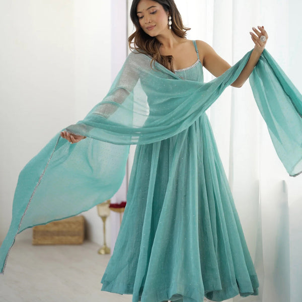 Lorenvalley Teal Crunchy Silk Fabric with Siroski Work Anarkali Pant With Dupatta Set
