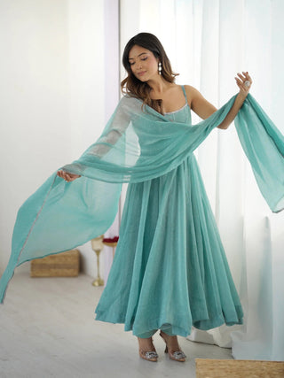 Lorenvalley Teal Crunchy Silk Fabric with Siroski Work Anarkali Pant With Dupatta Set