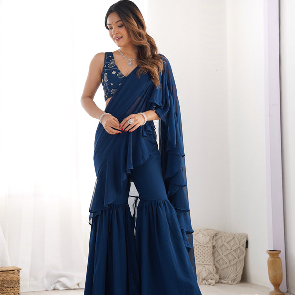 Lorenvalley Teal Faux Georgette Ready To Wear Sharara Saree with Full Stitched Blouse - Distacart