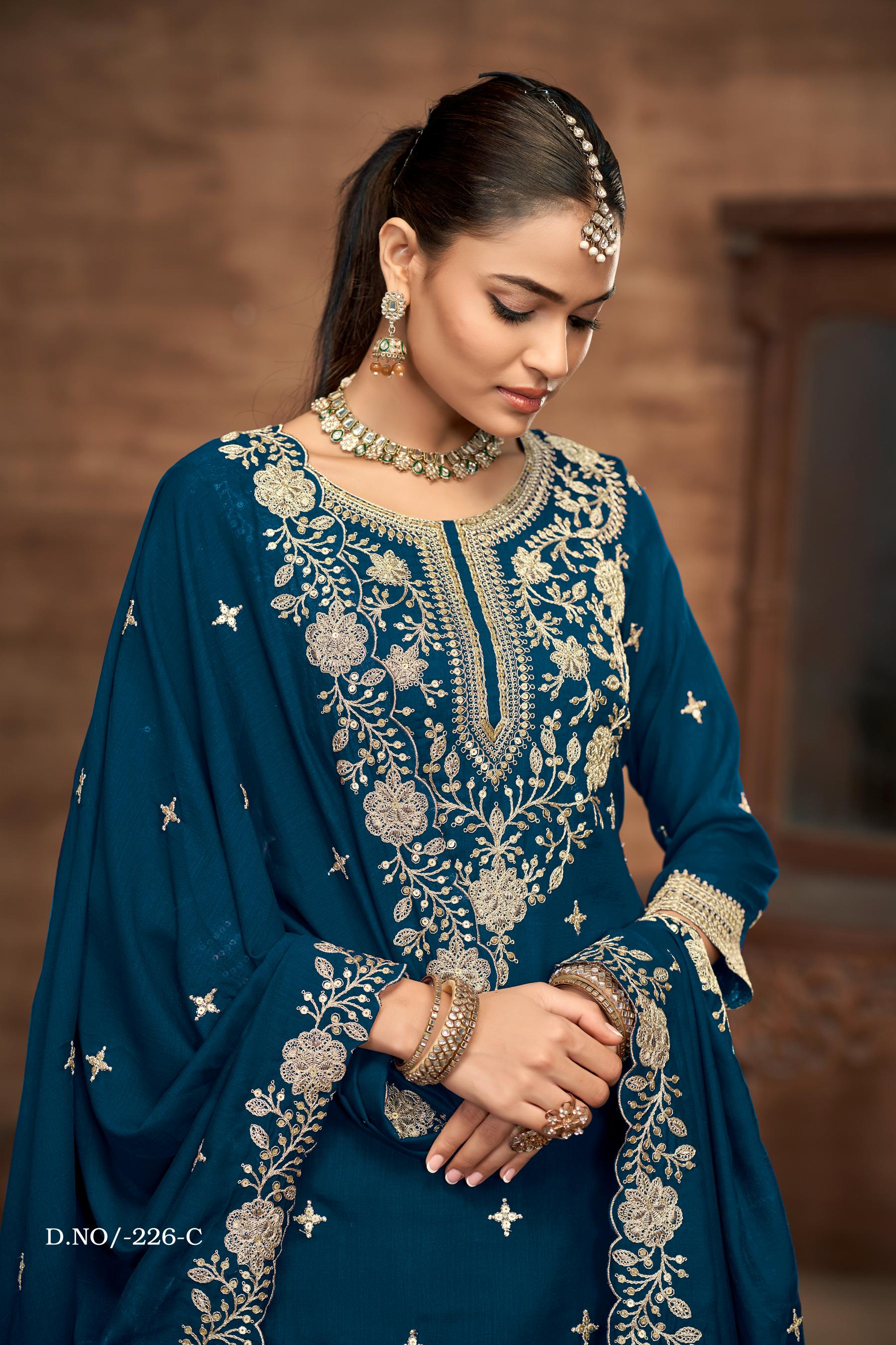 Anaita Teal Premium Embroidered Vichitra Silk Lehenga Style Suit - Distacart