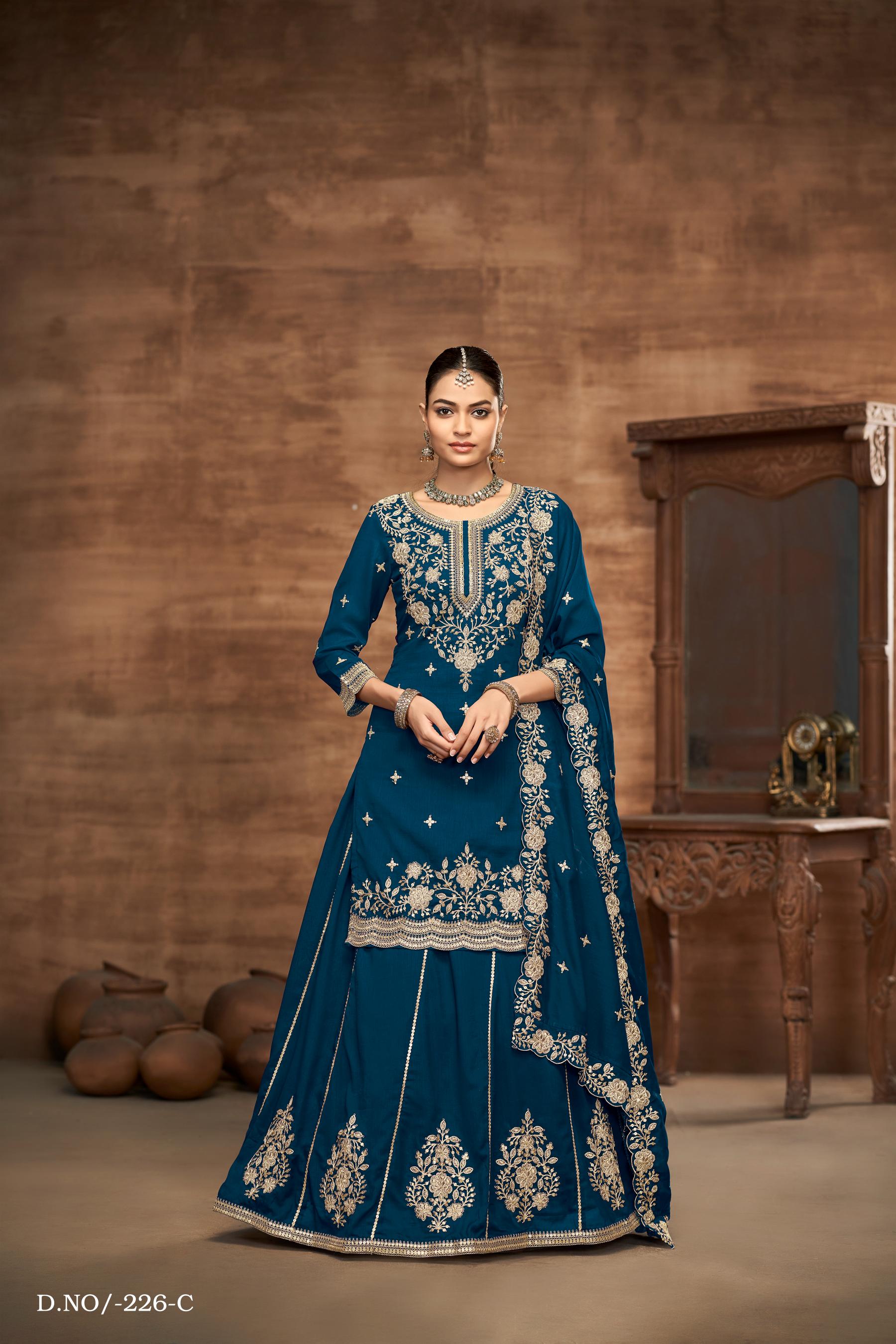 Anaita Teal Premium Embroidered Vichitra Silk Lehenga Style Suit - Distacart